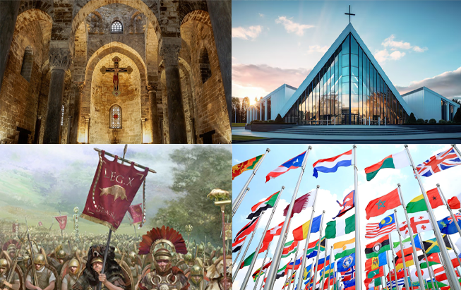 Visual collage showing four types of symbolic allegiance: a crucifix in a stone church (faith), a modern church with a cross (contemporary belief), Roman soldiers with banners (military identity), and national flags (cultural belonging).